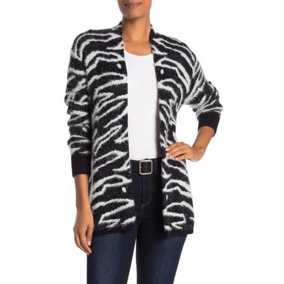 Susina Zebra Print Eyelash Open Front Cardigan Sweater - Picture 1 of 9